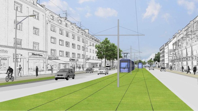 Stadtentwicklung: Wenn die Trambahn durch die Fürstenrieder Straße (hier am Laimer Platz) rollt, nimmt sie den Autos auf jeder Seite eine Fahrspur weg. Simulation: MVG