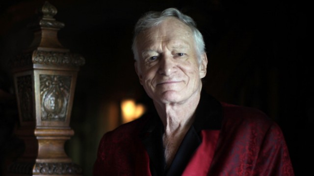 Playboy magazine founder Hugh Hefner poses for a portrait at his Playboy mansion in Los Angeles