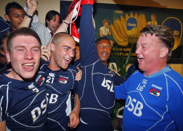 AZ Alkmaar's coach Van Gaal, and players celebrate the Championship of the Dutch Premier League soccer at the DSB Stadium in Alkmaar