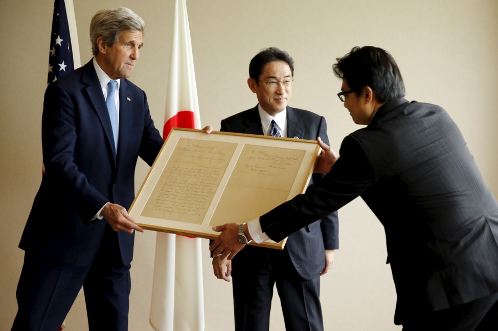 Kishida presents a Kerry with a replica of a letter on a friendly diplomatic matter from Lincoln to the Tycoon of Japan in 1861, before their bilateral meeting alongside the G7 foreign ministers meetings in Hiroshima