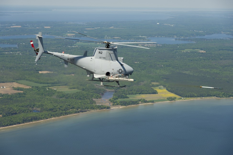 US Navy MQ-8B Fire Scout (N2), Bureau # 167785, conducts its very first 2.75 inch Rocket Safe Separation over the Chesapeake Bay, MD on 14 May 2013.  The purpose of the test is to evaluate the safe separation and jettison characteristics of the Advanced P