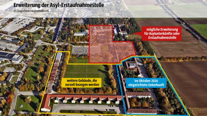 Asylbewerber: SZ-Grafik; Quelle: Landratsamt Fürstenfeldbruck, Foto: Stadt FFB/ Luftbildverlag Bertram