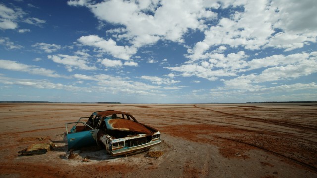 An abandoned car on Lake Lefroy, a salt lake at Kambalda, near Kalgoorlie in Wes