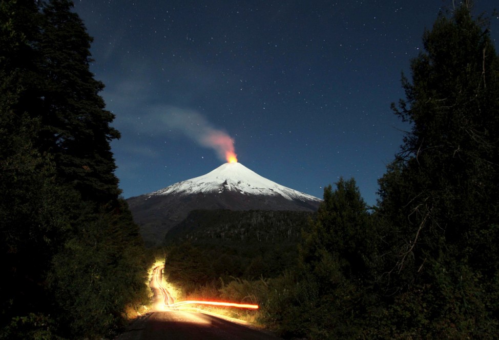 The Villarrica Volcano is seen at night in Chile
