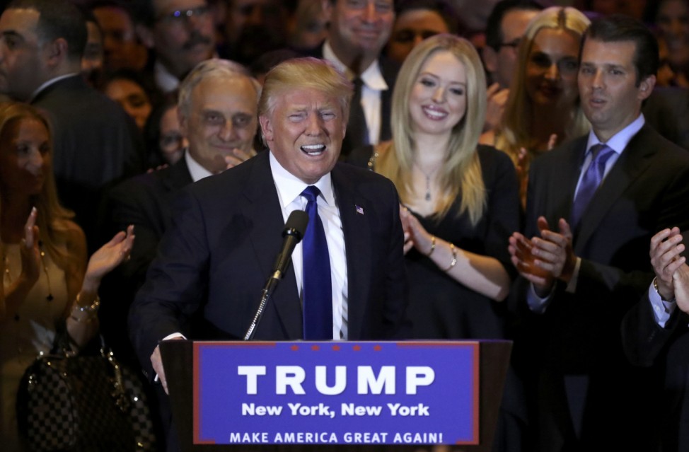 Republican U.S. presidential candidate Donald Trump  speaks to supporters in New York