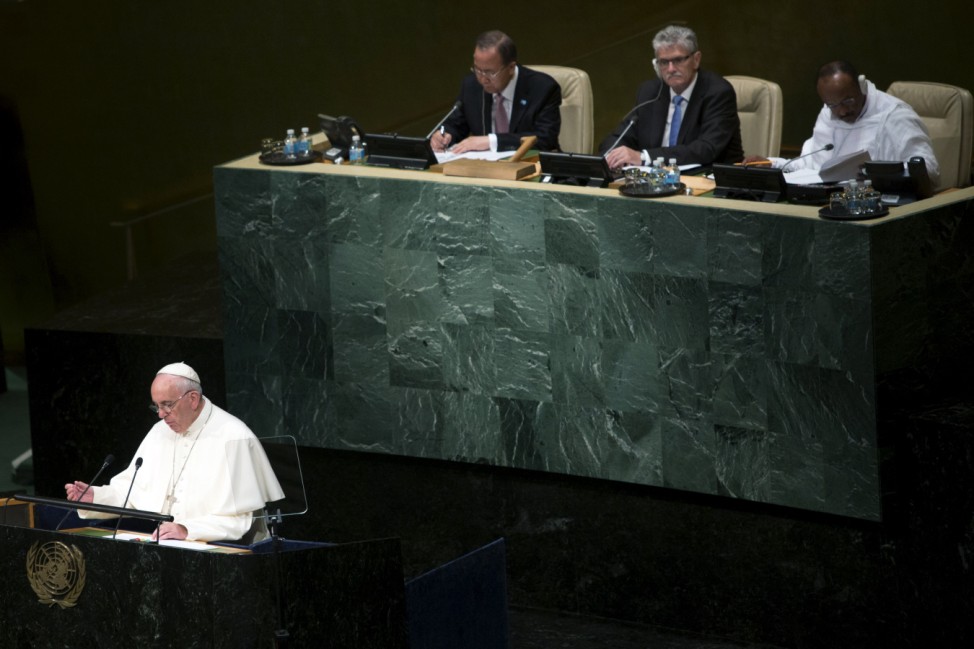 Pope Francis addresses attendees in the opening ceremony to commence a plenary meeting of the United Nations Sustainable Development Summit 2015 at the United Nations headquarters in Manhattan, New York