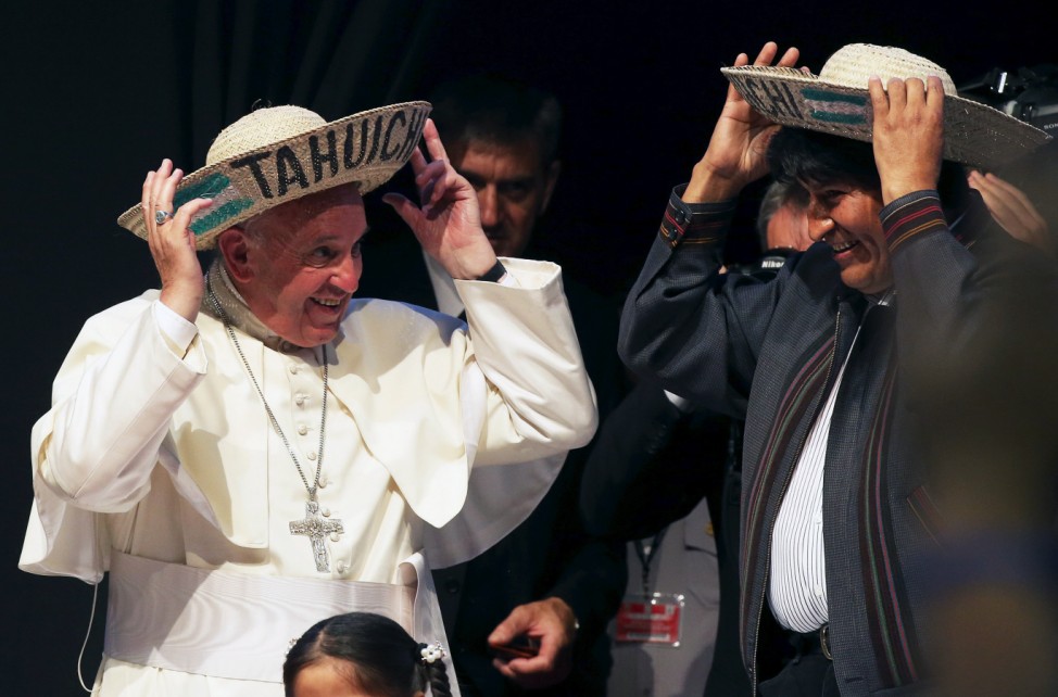 Pope Francis and Morales wear the typical sombrero during a World Meeting of Popular Movements in Santa Cruz