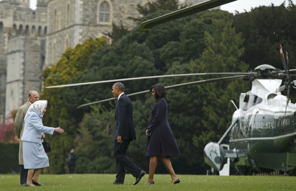 President Barack Obama and his wife first lady Michelle Obama are greeted by Britain's Queen Elizabeth II and Prince Philip in Windsor