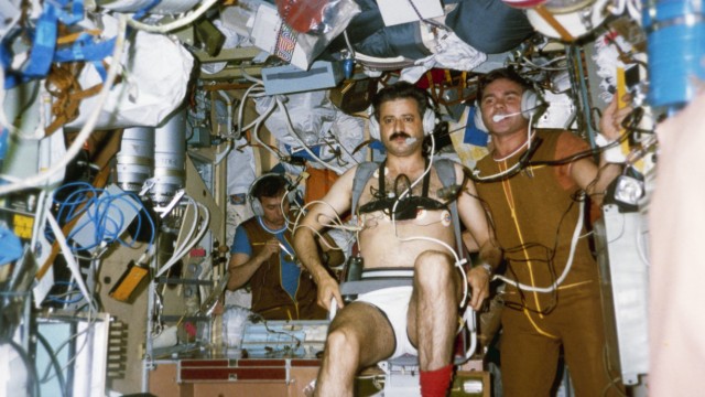 Soyuz tm-3, syrian cosmonaut mohammed faris undergoing tests aboard the mir space station, 1987.