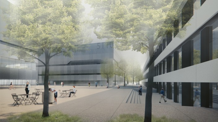 Garching: Blick auf den Platz zwischen den künftig drei Physikbauten.