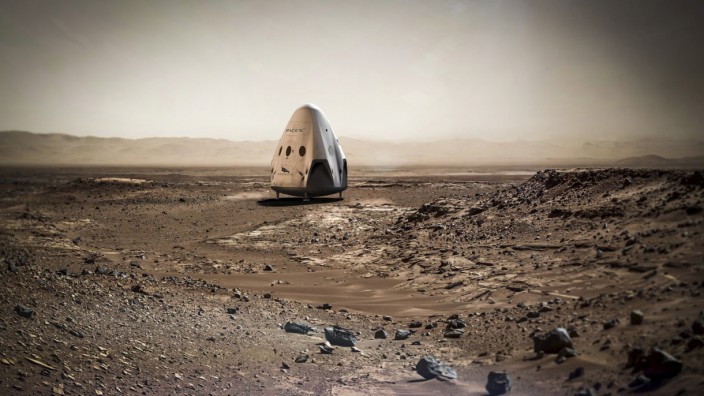 Artist's concept photo of a SpaceX dragon capsule on the surface of Mars
