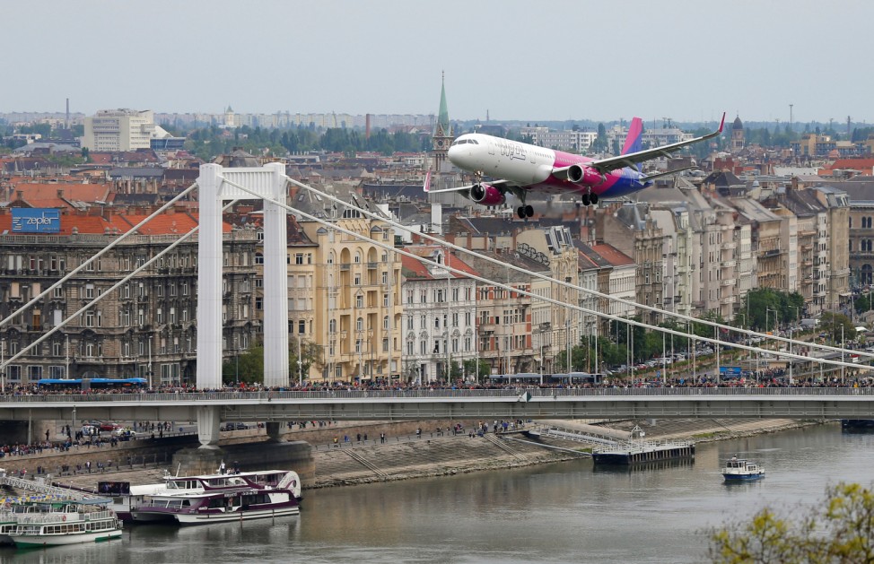 Wizz Air's Airbus A-321 flying along the Danibe river during an air show in Budapest