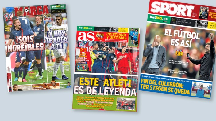 Pressestimmen zur Champions League: Die Titelseiten der spanischen Zeitungen "Marca", "AS" und "Sport". (Foto: sz.de)