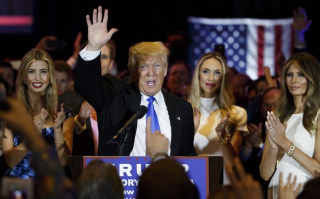 US Republican presidential candidate Donald Trump speaks about pr