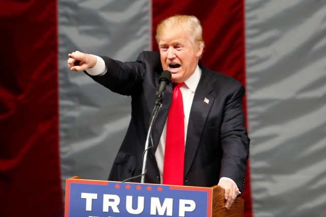 Republican U.S. presidential candidate Donald Trump speaks at a campaign rally in Costa Mesa