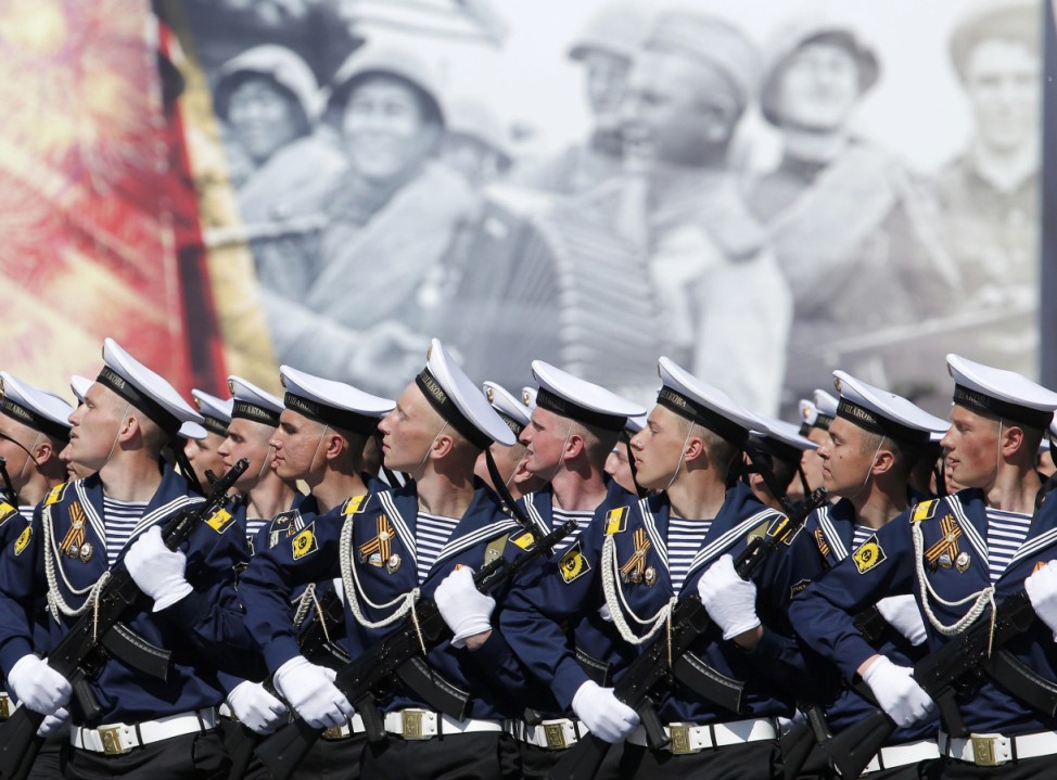Russian servicemen march during the Victory Day parade, marking the 71st anniversary of the victory over Nazi Germany in World War Two, at Red Square in Moscow