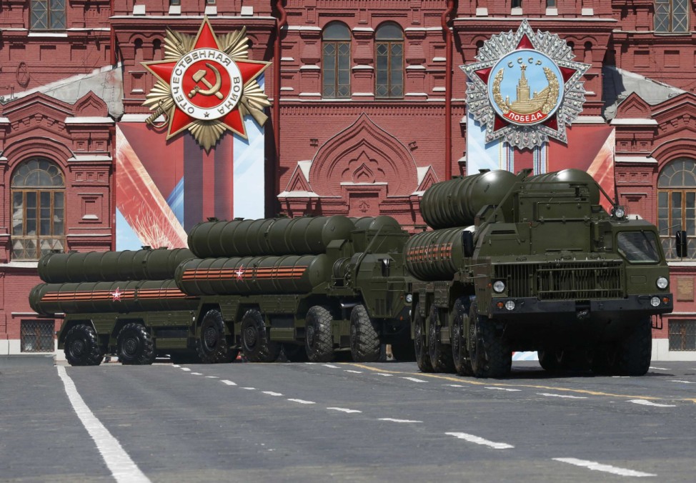 Russian S-400 Triumph medium-range and long-range surface-to-air missile systems drive during Victory Day parade to mark end of World War Two at Red Square in Moscow