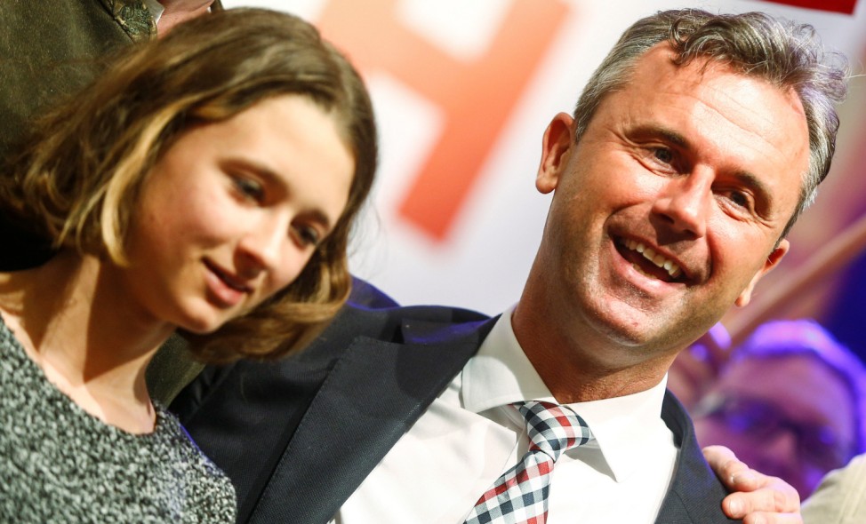 Presidential candidate Norbert Hofer and his daughter Ann-Sophie attend a May Day event in Linz