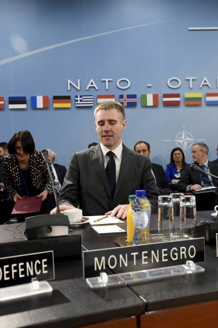 Minister of Defense of Montenegro Pejanovic and Foreign Minister of Montenegro Luksic and NATO Sec. Gen Stoltenberg take part in a Foreign Affairs meeting at the NATO headquarters in Brussels