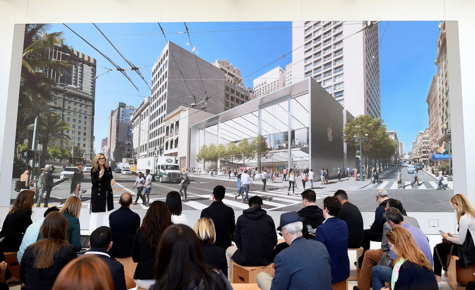 Apple Inc. senior vice president of retail and online stores Ahrendts discusses Apple's new retail store during a media preview in San Francisco