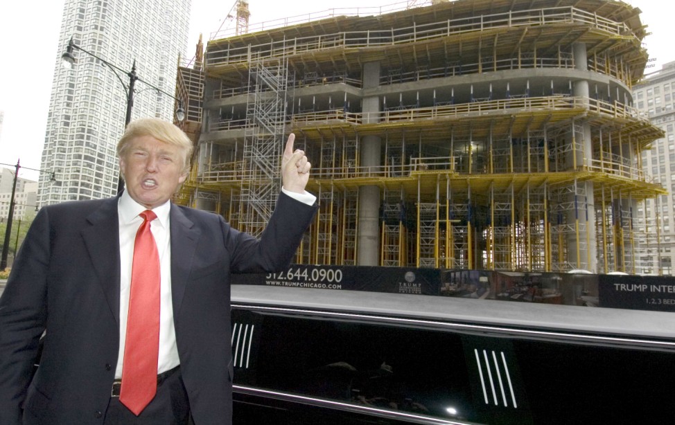 Donald Trump poses across the street from site of Trump International Hotel and Tower Chicago in Chicago