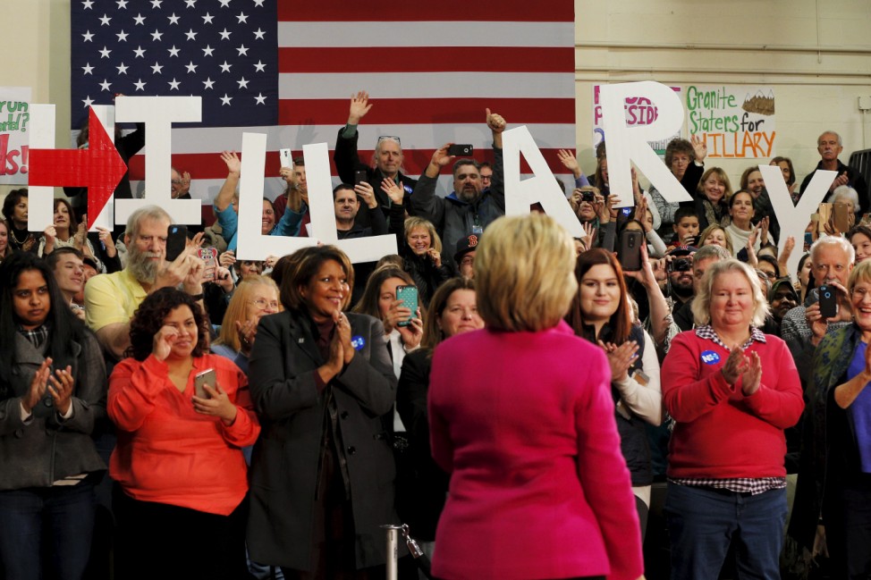 U.S. Democratic presidential candidate Hillary Clinton takes the stage for a campaign town hall meeting in Salem