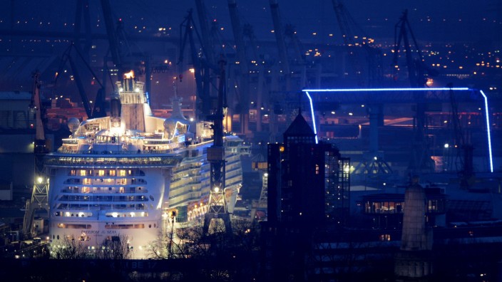 General view shows the cruise ship Freedom of the Seas at Blohm + Voss shipyard in Hamburg