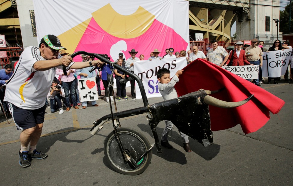 Bullfighting supporters watch a child practice with a cape, during a rally in support of bullfighting outside a bullring in Mexico City
