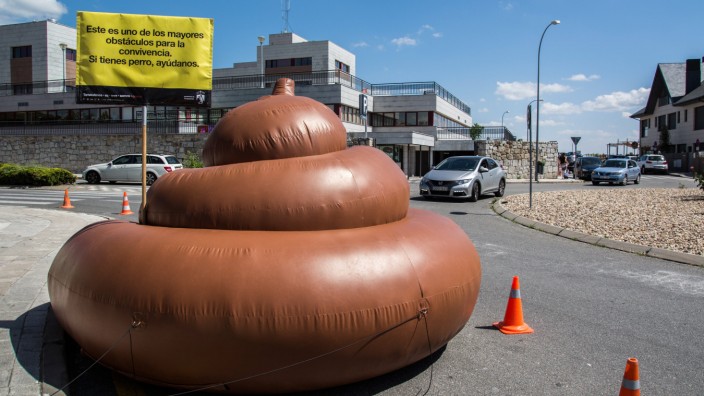 Inflatable excrement for dog owners An inflatable excrement of three meters is exhibited in schools
