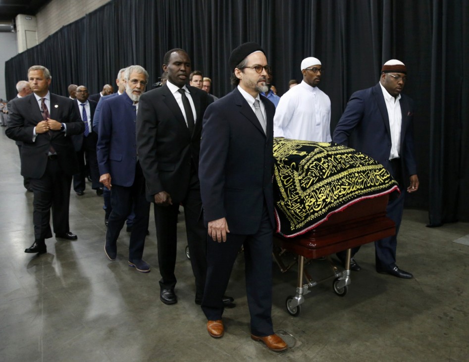 The coffin of late boxing champion Muhammad Ali arrives for a jenazah, an Islamic funeral prayer, in Louisville