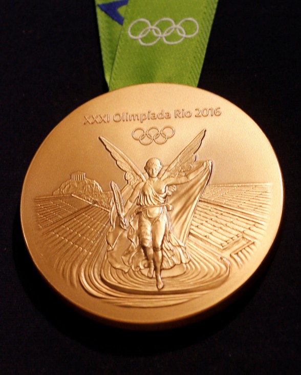 The Rio 2016 Olympic gold medal is pictured during the medal launching ceremony in Rio de Janeiro
