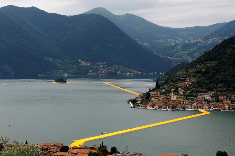 A general view of the installation 'The Floating Piers' on the Lake Iseo