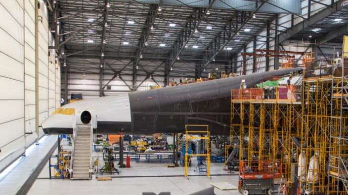 Handout photo of Vulcan Aerospace's Stratolaunch rockets' left fuselage under construction in Mojave, California