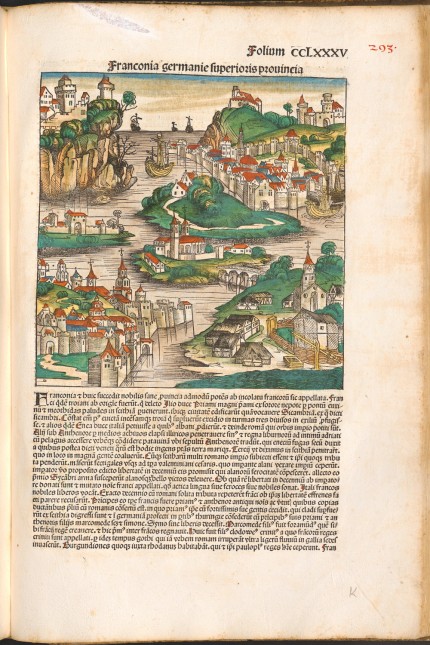 Digitales Nachschlagewerk: Eine fiktive Darstellung Frankens aus der Schedelschen Weltchronik (1493).