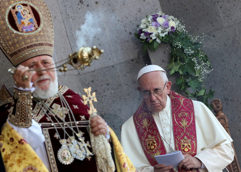 Pope Francis looks on as Catholicos of All Armenians Karekin II ceiebrates the Divine Liturgy at the Armenian Cathedral in Etchmiadzin
