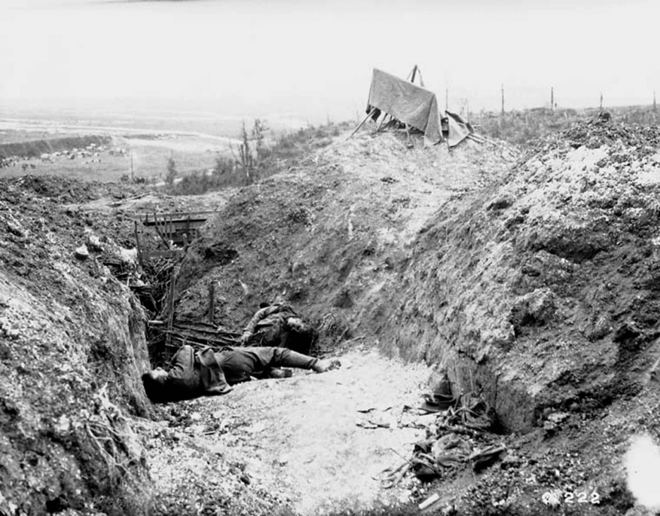 Canadian archive photo shows dead German soldiers in their trenches which were demolished during the Battle of the Somme