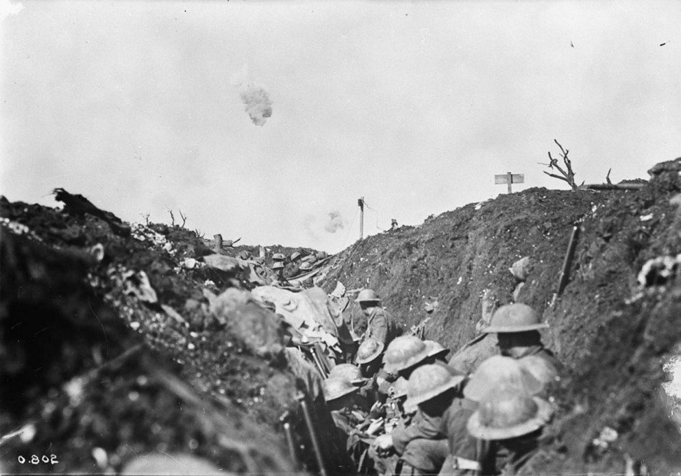Canadian archive photo shows shrapnel bursting over a reserve trench in Canadian lines during the Battle of the Somme