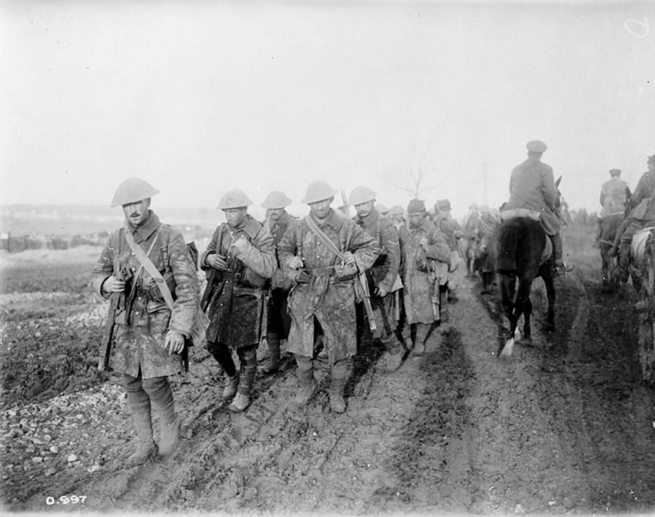Canadian archive photo shows Canadian soldiers returning from trenches during the Battle of the Somme