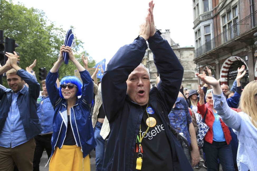People shout during a 'March for Europe' demonstration against Britain's decision to leave the European Union, central London