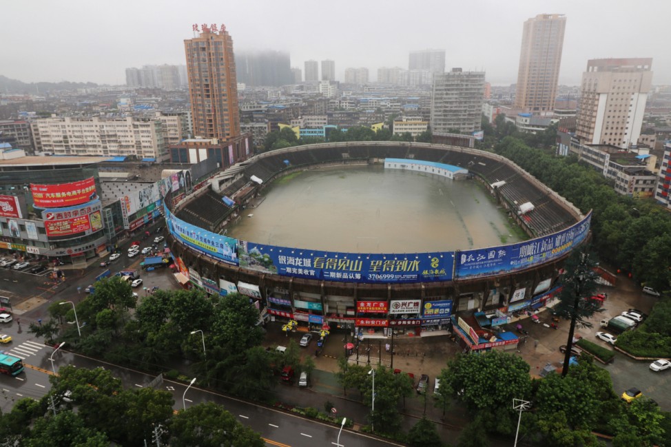 A stadium is flooded after heavy rainfall in Ezhou