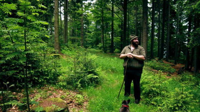 Bodenmais: Nur im Wald fühlt sich der 40-jährige Wolfgang Schreil, genannt Woid Woife, richtig wohl. Am liebsten ist er nur mit Hund Else unterwegs.