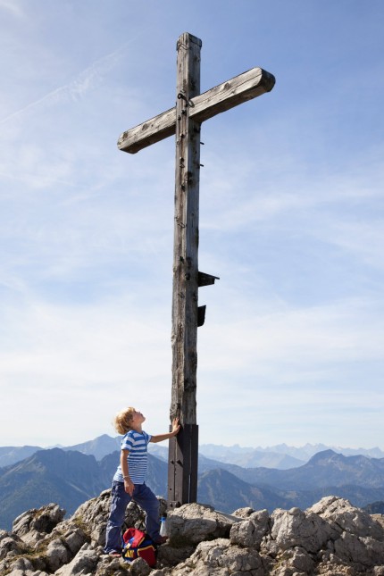 Germany Bavaria Boy 4 5 Years on mountain summit looking at cross model released PUBLICATIONxINx