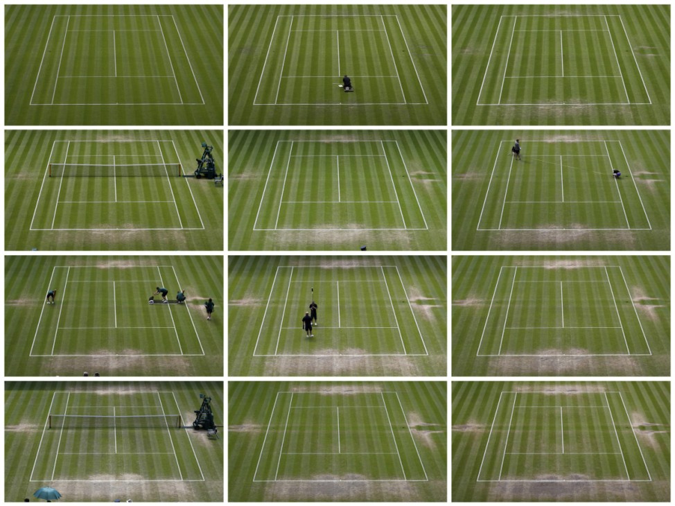 A combination of images show the grass surface of Centre Court at the All England Lawn Tennis and Croquet Club during the Wimbledon Tennis Championships in London