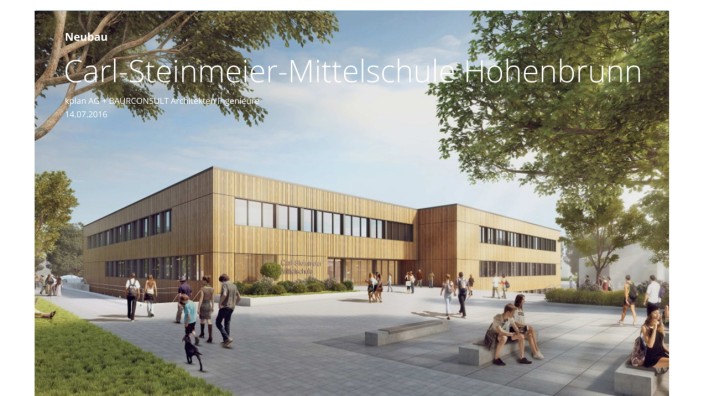 Hohenbrunn: Mit den Plänen für die neue Carl-Steinmeier-Mittelschule in Hohenbrunn sind nicht alle zufrieden.Simulation: kplan AG + BAURCONSULT Architekten Ingenieure