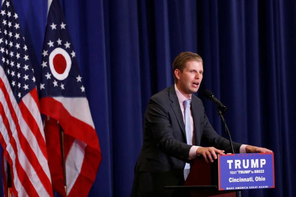 Eric Trump, son of U.S. Republican presidential candidate Donald Trump, speaks at a campaign rally at the Sharonville Convention Center in Cincinnati, Ohio