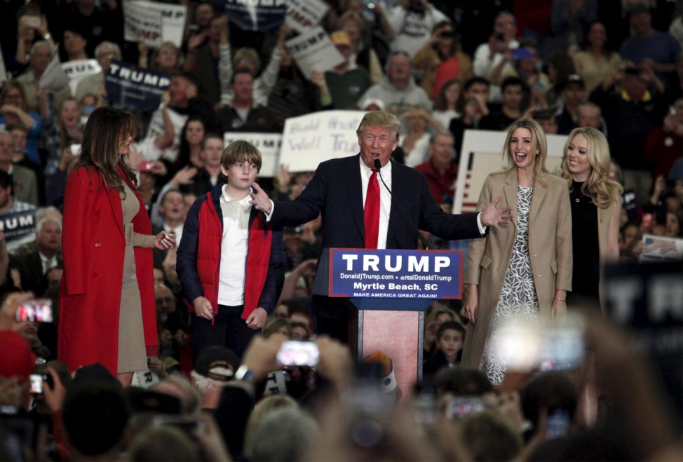 U.S. Republican presidential candidate Donald Trump introduces his family to the crowd at an event at the Myrtle Beach Convention Center in Myrtle Beach