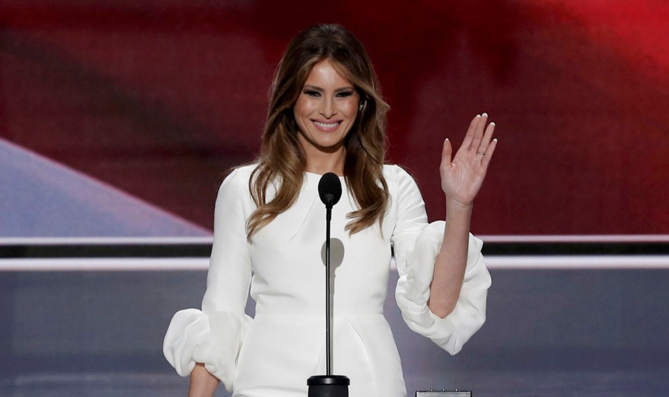 Melania Trump, wife of Republican U.S. presidential candidate Donald Trump, waves as she arrives to speak at the Republican National Convention in Cleveland