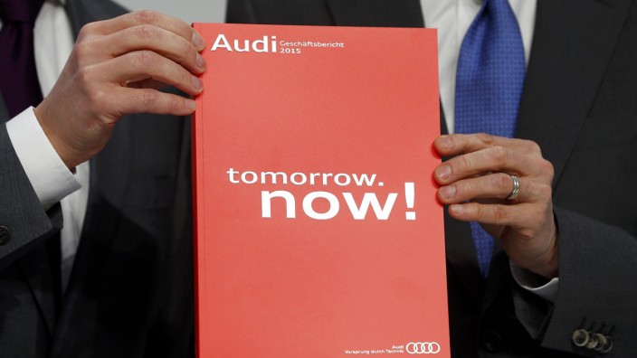 Audi Chief Executive Officer Stadler and Chief Financial Officer Strotbek present the company's annual results during a news conference in the Bavarian city of Ingolstadt