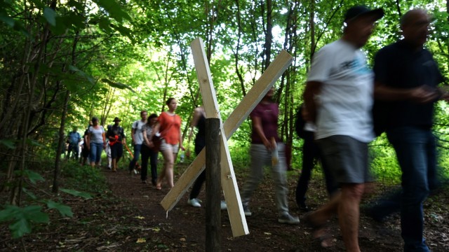 Hasenbergl: Mit Holzkreuzen haben die Grünen den möglichen Trassenverlauf durch das Hartelholz markiert.