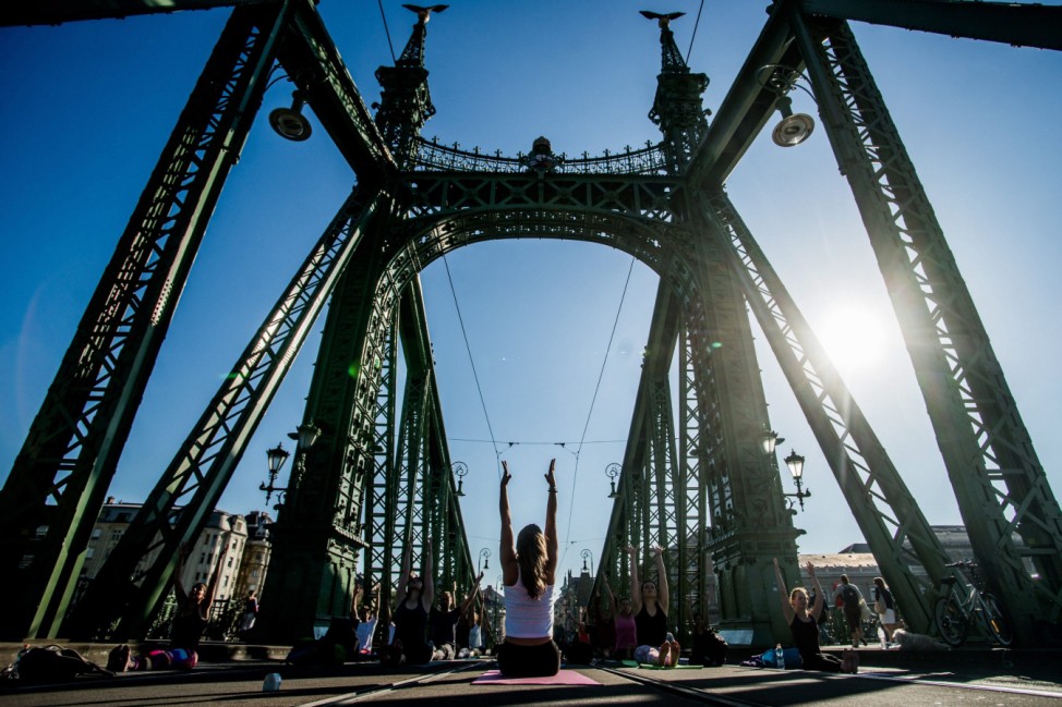 yoga exercises on Liberty Bridge